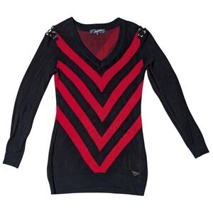 Oxygen Red Black Small V Neck Knit Long Sleeve Chevron Stripe Corset Shoulder